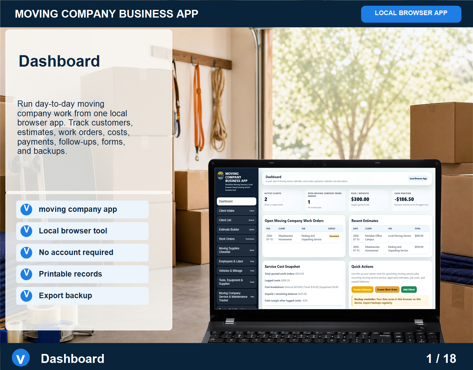 Moving Company business app Moving Company screen for service workflow management